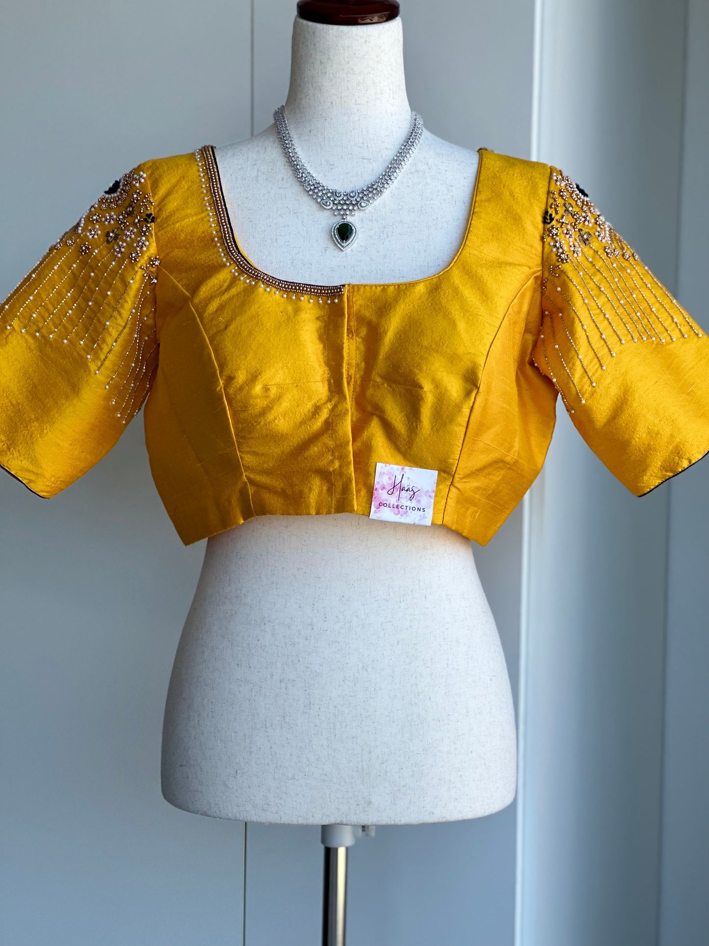 Yellow embroidery rawsilk blouse | Readymade embroidery blouses in USA | Bridal blouses in USA