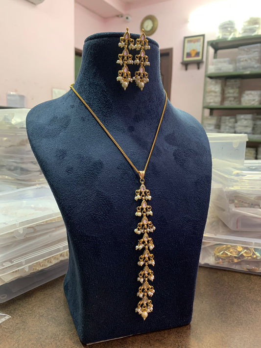 Kundan Pearl Pendant Chain With Earrings | Simple Necklace