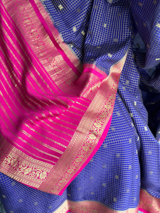 Blue & pink Mysore crape silk saree | Silkmark certified saree