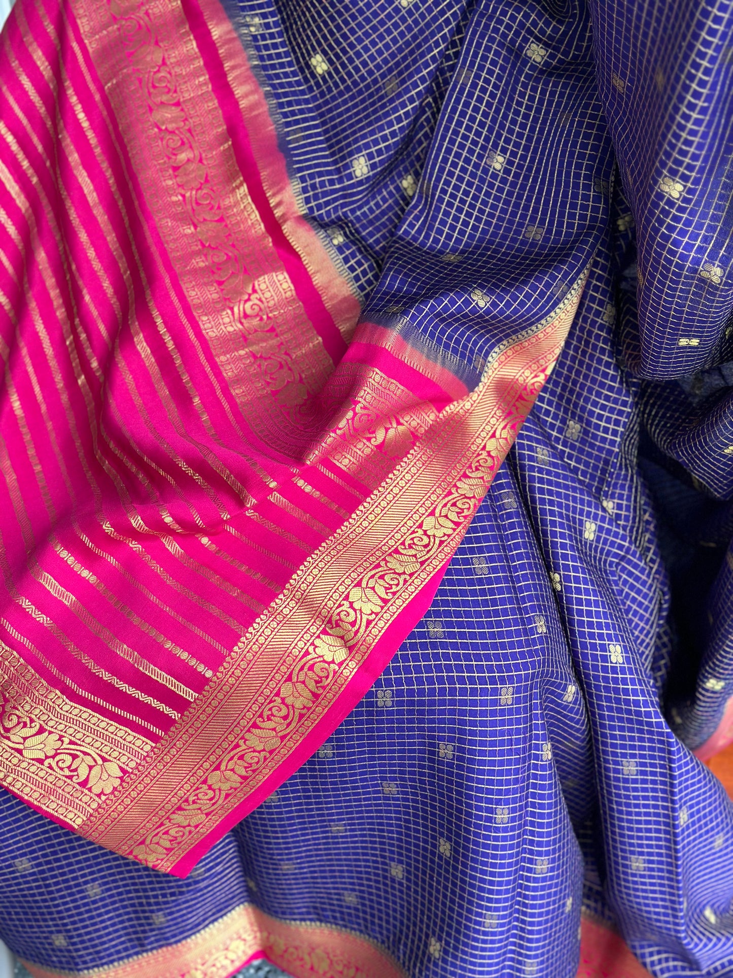 Blue & pink Mysore crape silk saree | Silkmark certified saree