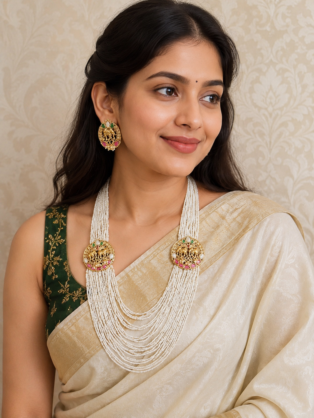 Antique Jadau Side Pendants Pearl Necklace With Studs | Multi-Layer Pearl Necklace | Indian Jewelry In USA