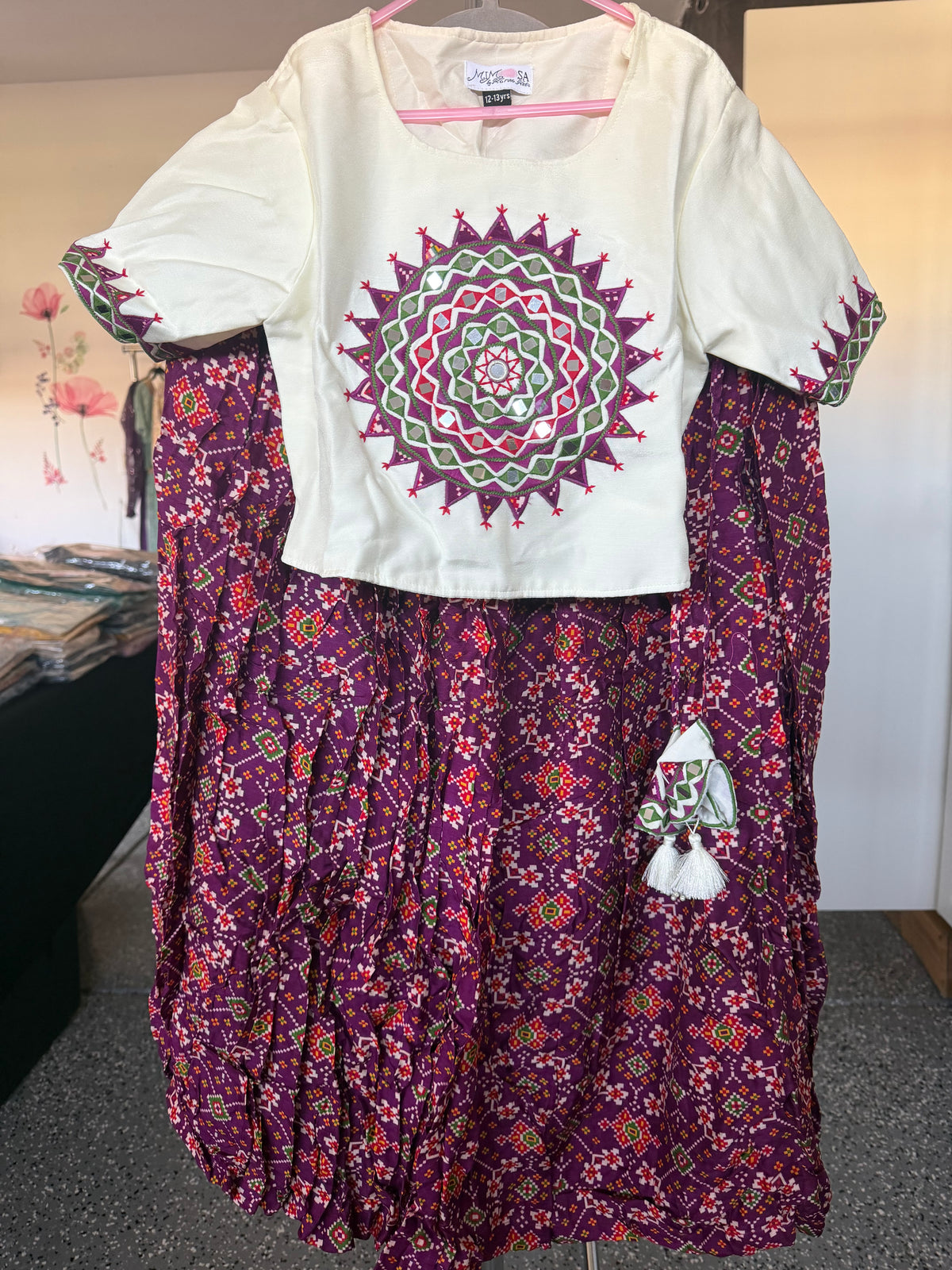 Girls Cream Top & printed Skirt