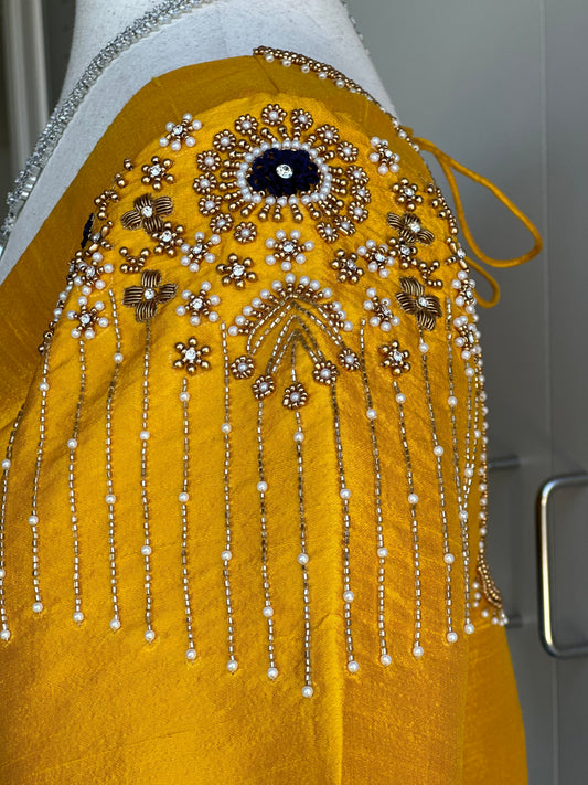 Yellow embroidery rawsilk blouse | Readymade embroidery blouses in USA | Bridal blouses in USA