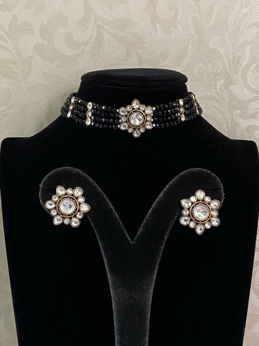 Simple black beads choker | Kundan pendant choker