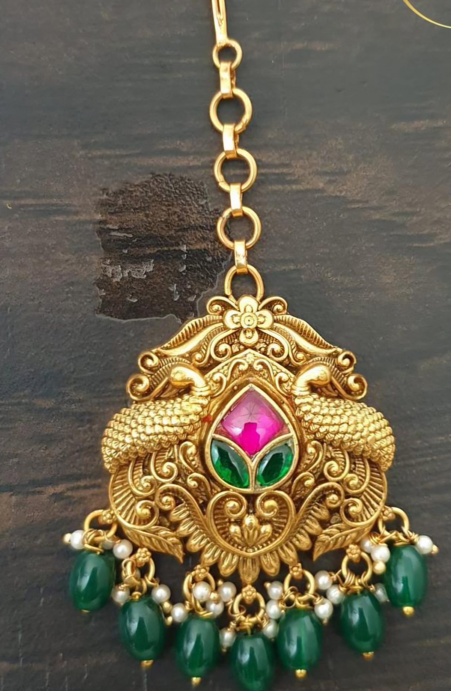 Antique Peacock  Maang Tikka | Traditional Temple Maang Tikka