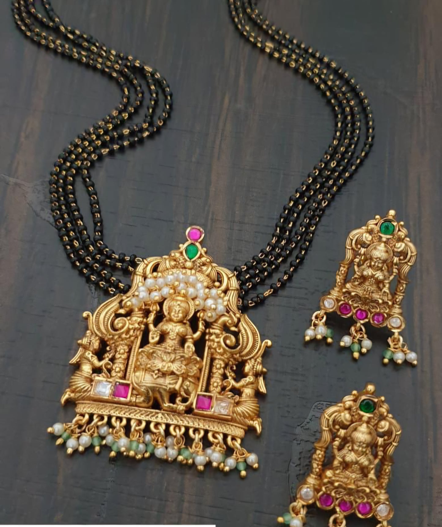 Antique Lakshmi Pendant Set Mangalasutra | Traditional Black Beads
