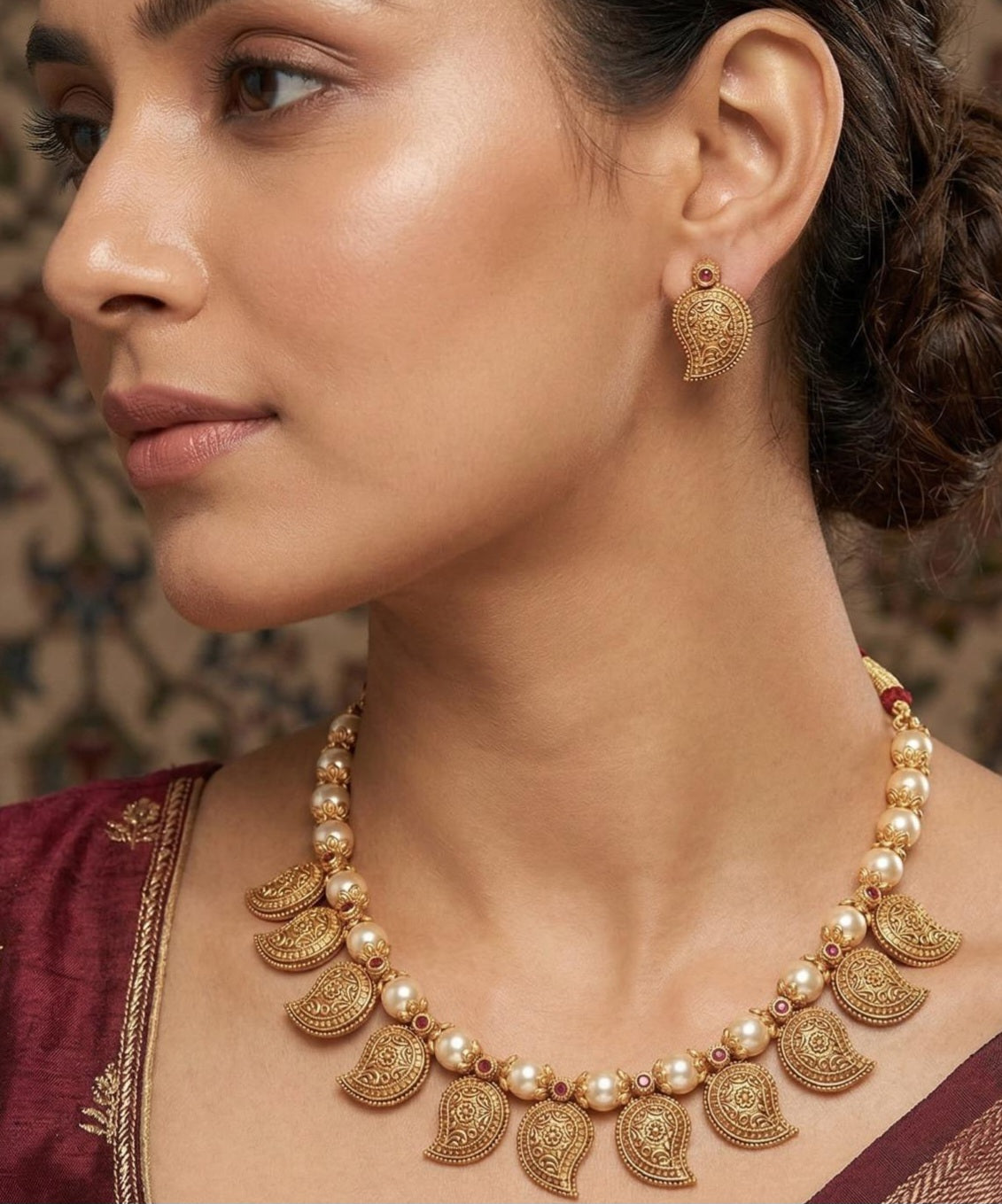 Antique Mango Pendants Pearl  Necklace Set | Indian Beads Necklace