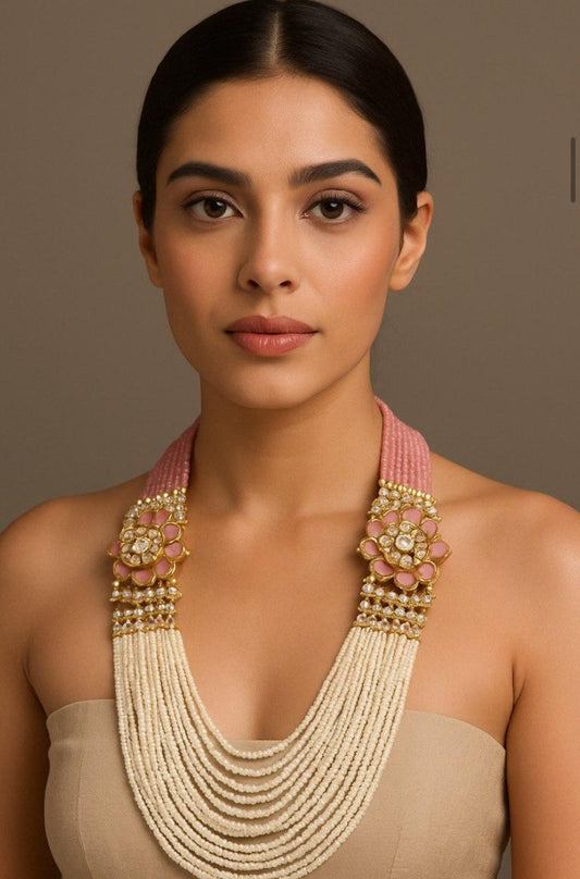 Kundan Embillished Pearl & Onyx Beads Necklace | Indian Luxury Necklace In USA | Side pendants necklace