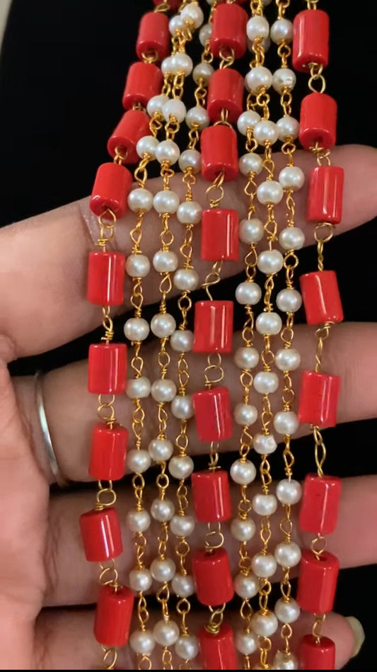 Layered Coral Green & Pearl Mala | Indian Beads Necklace