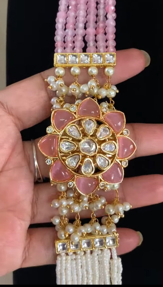 Kundan Embillished Pearl & Onyx Beads Necklace | Indian Luxury Necklace In USA | Side pendants necklace