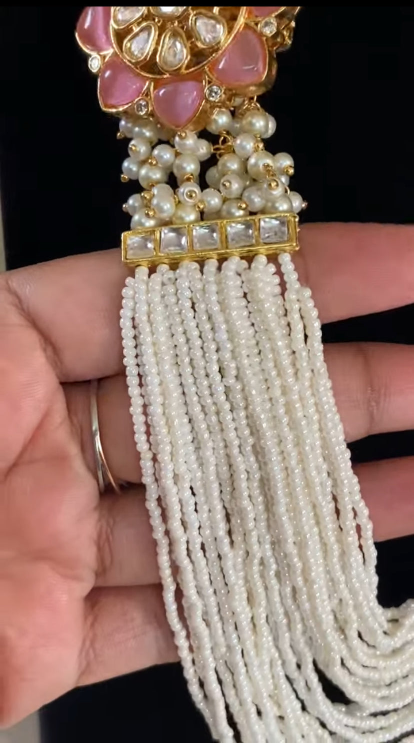 Kundan Embillished Pearl & Onyx Beads Necklace | Indian Luxury Necklace In USA | Side pendants necklace
