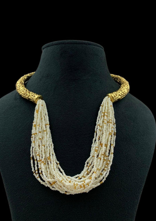 Designer Pearl Necklace | Traditional Pearl Mala with Antique Gold Necklace | Gift Idea