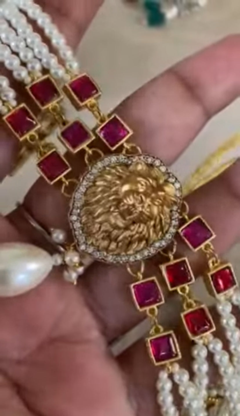 Antique Lion & Kundan Pendant Pearl Choker Set | Indian Necklace