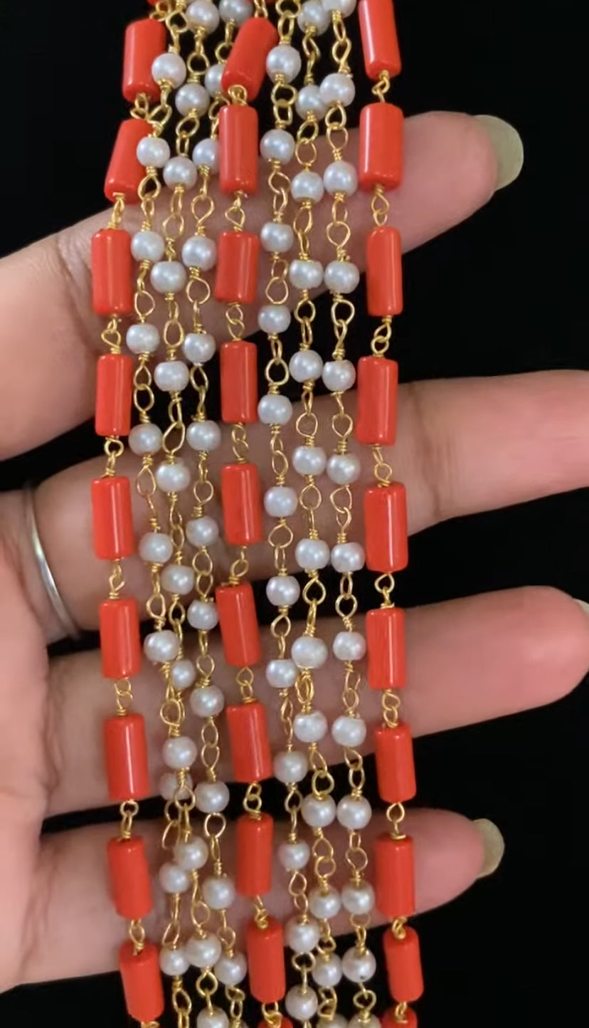 Layered Coral Green & Pearl Mala | Indian Beads Necklace