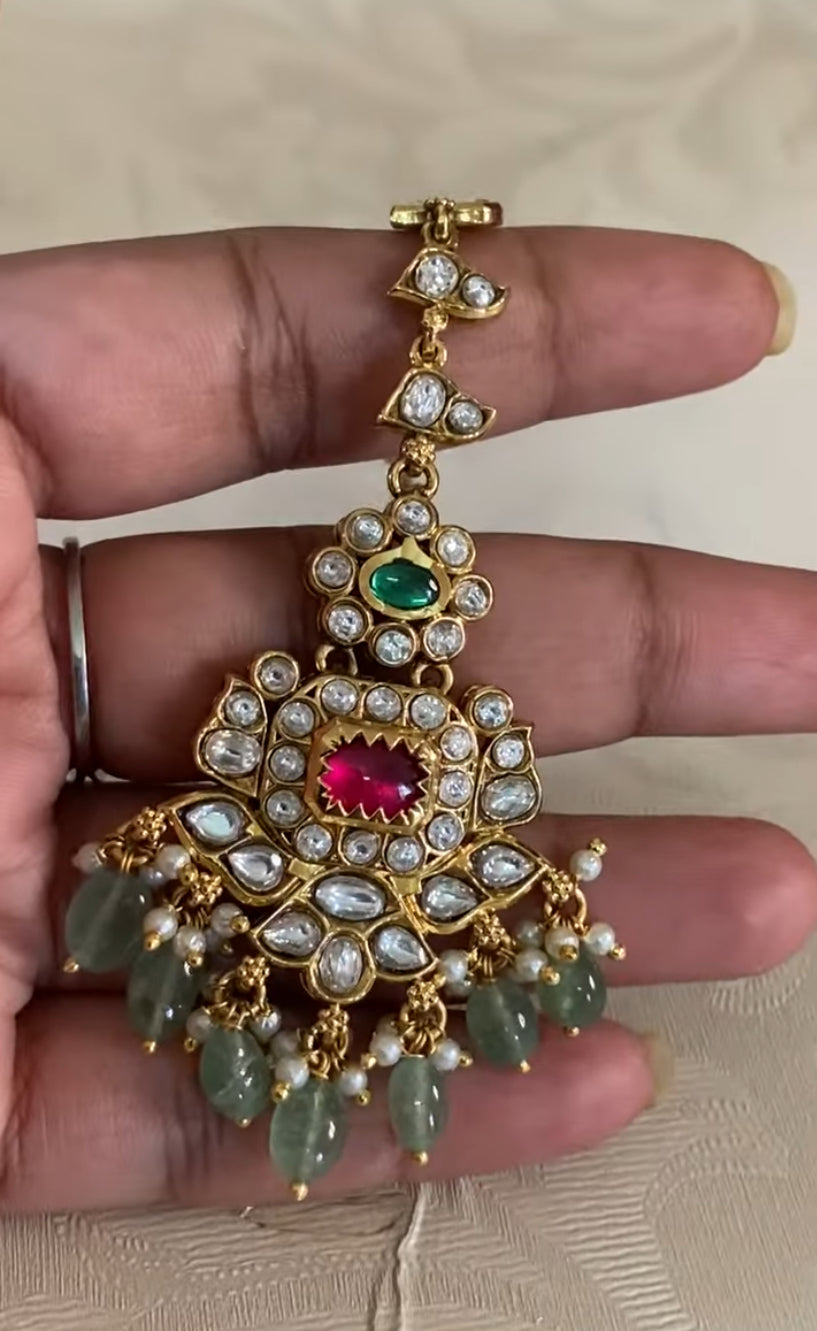 Ruby Green Polki Kundan Necklace Set with Maang Tikka | Traditional Bridal Necklace