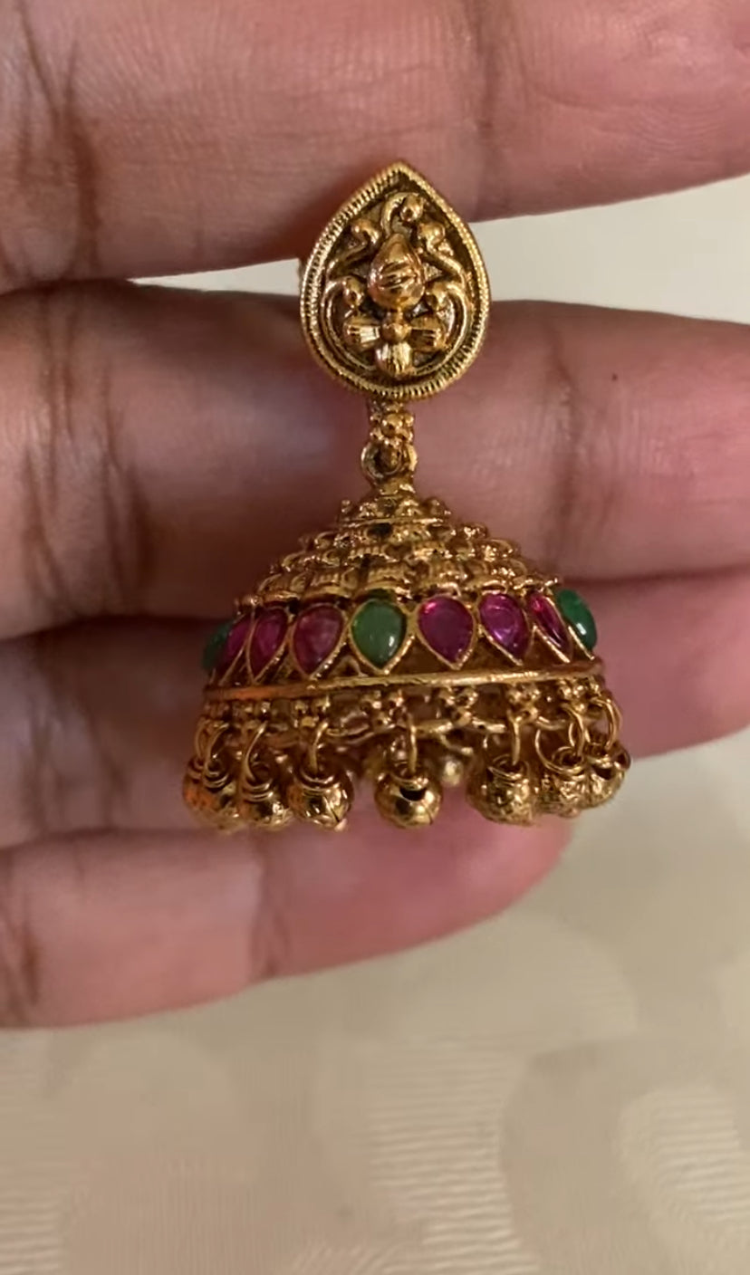 Antique Ruby Mango Long & short Necklaces With Jumki Earrings | Indian Traditional Necklaces