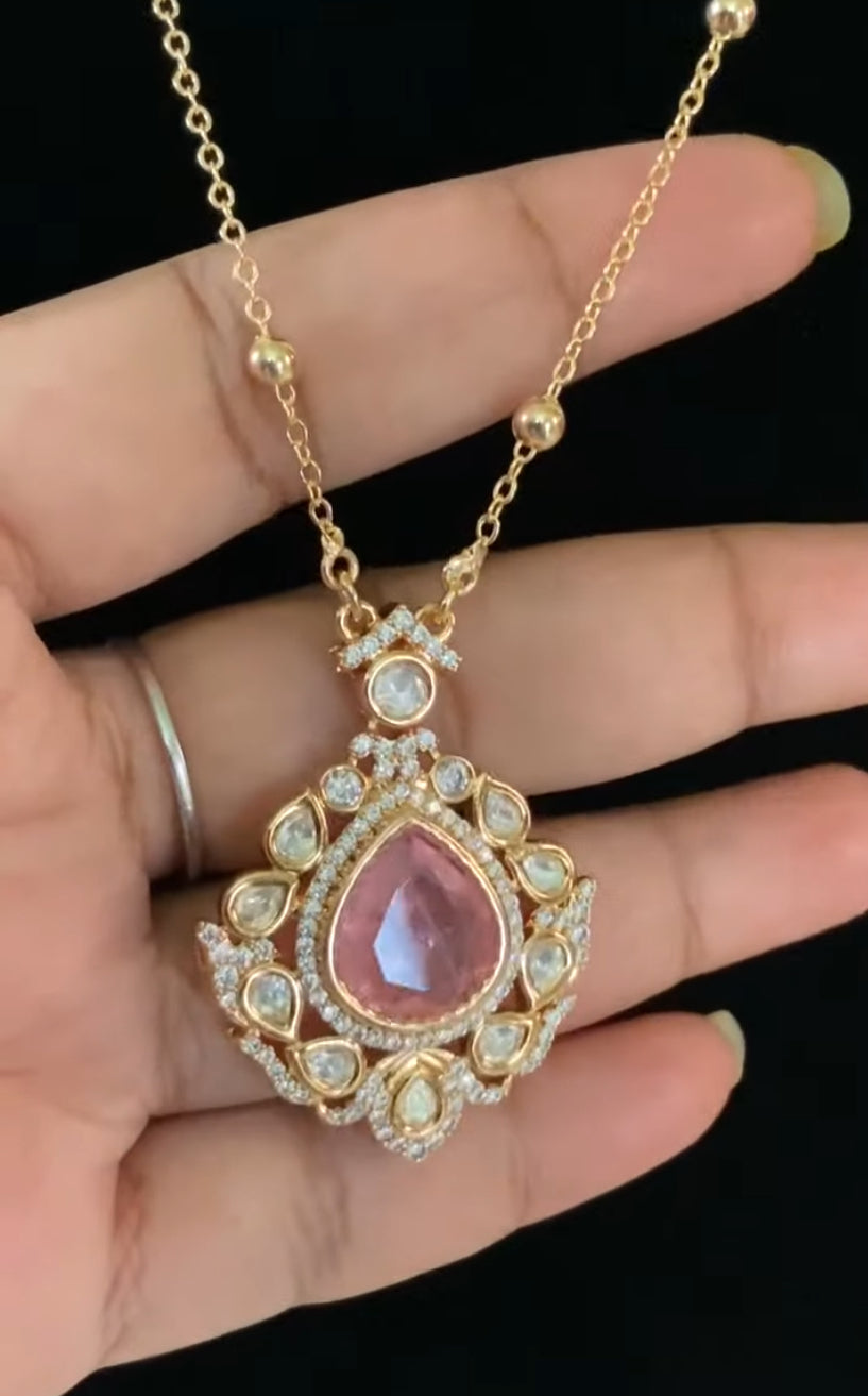 Polki Kundan Pendant  Simple Chain Set | Indian Necklace