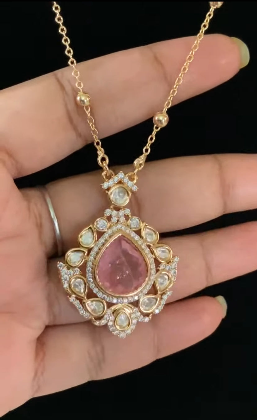 Polki Kundan Pendant  Simple Chain Set | Indian Necklace