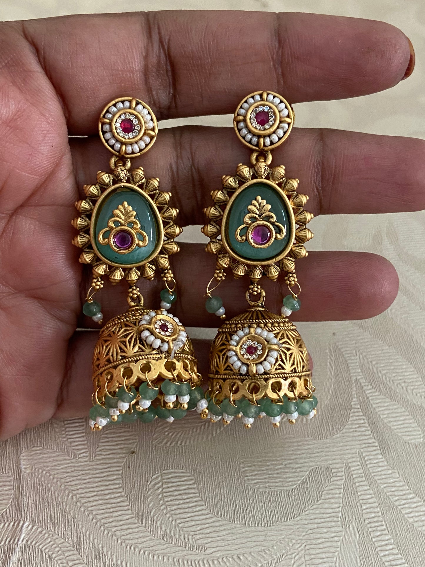 Semi Precious Kundan Jumkis | Fusion Kundan Earrings