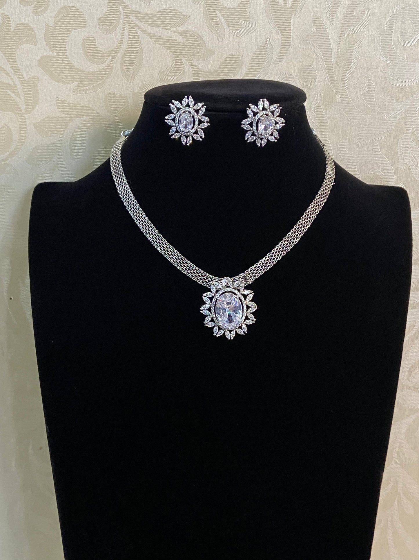 Rhodium Classic  Simple choker Necklace With Earrings | Trendy Indian Necklace