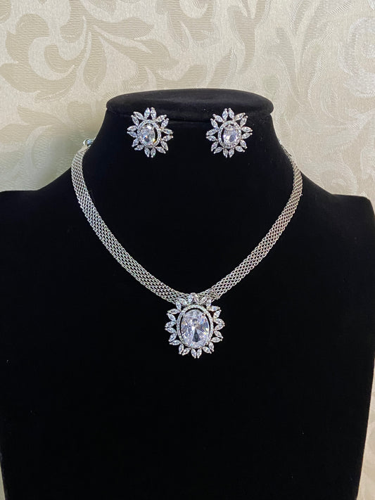 Rhodium Classic  Simple choker Necklace With Earrings | Trendy Indian Necklace