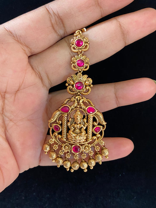 Ruby Antique Lakshmi Maang Tikka | Traditional Temple Maang Tikka