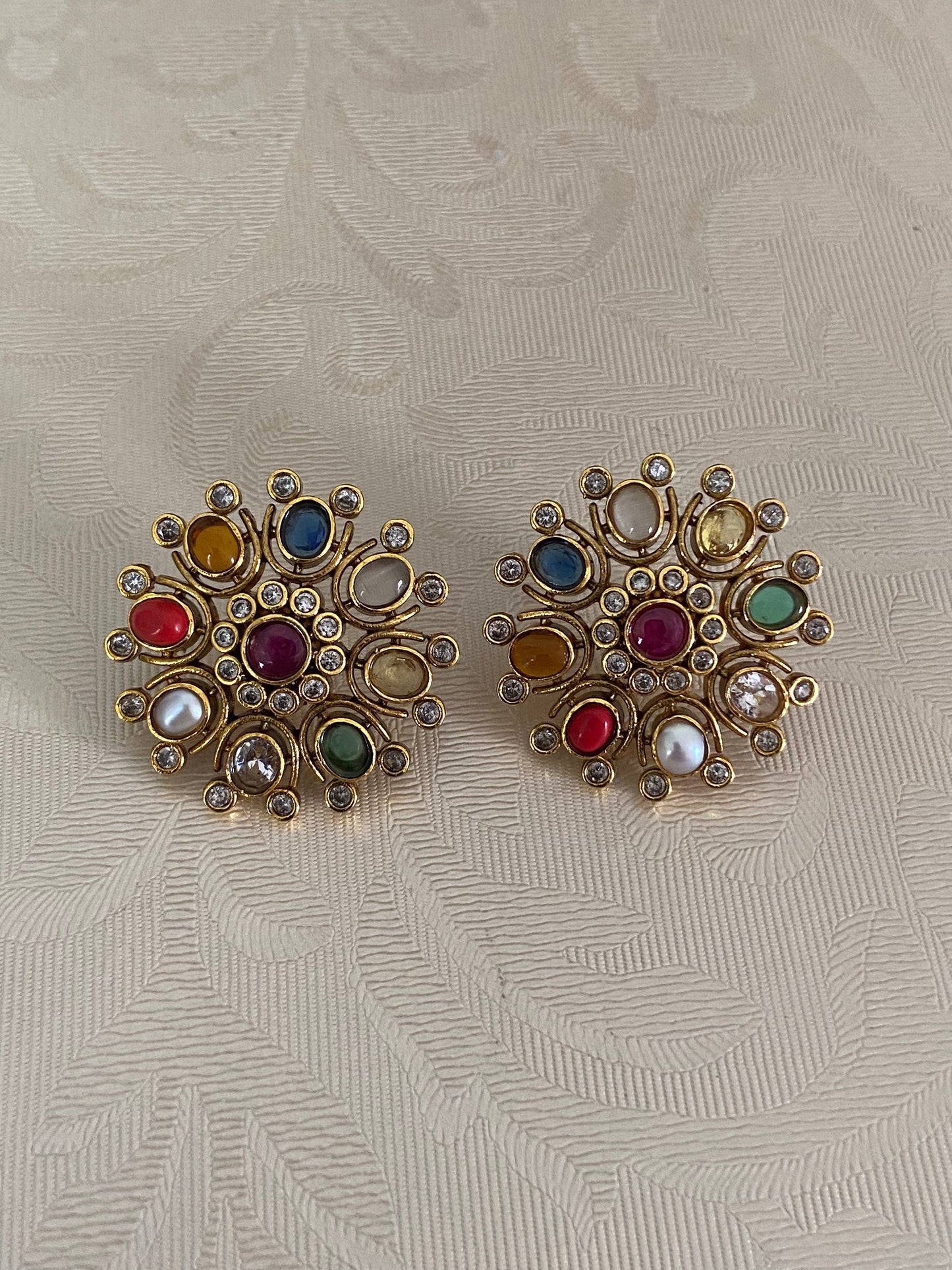 Beautiful CZ Navarathna Studs | Indian Traditional Jewelry