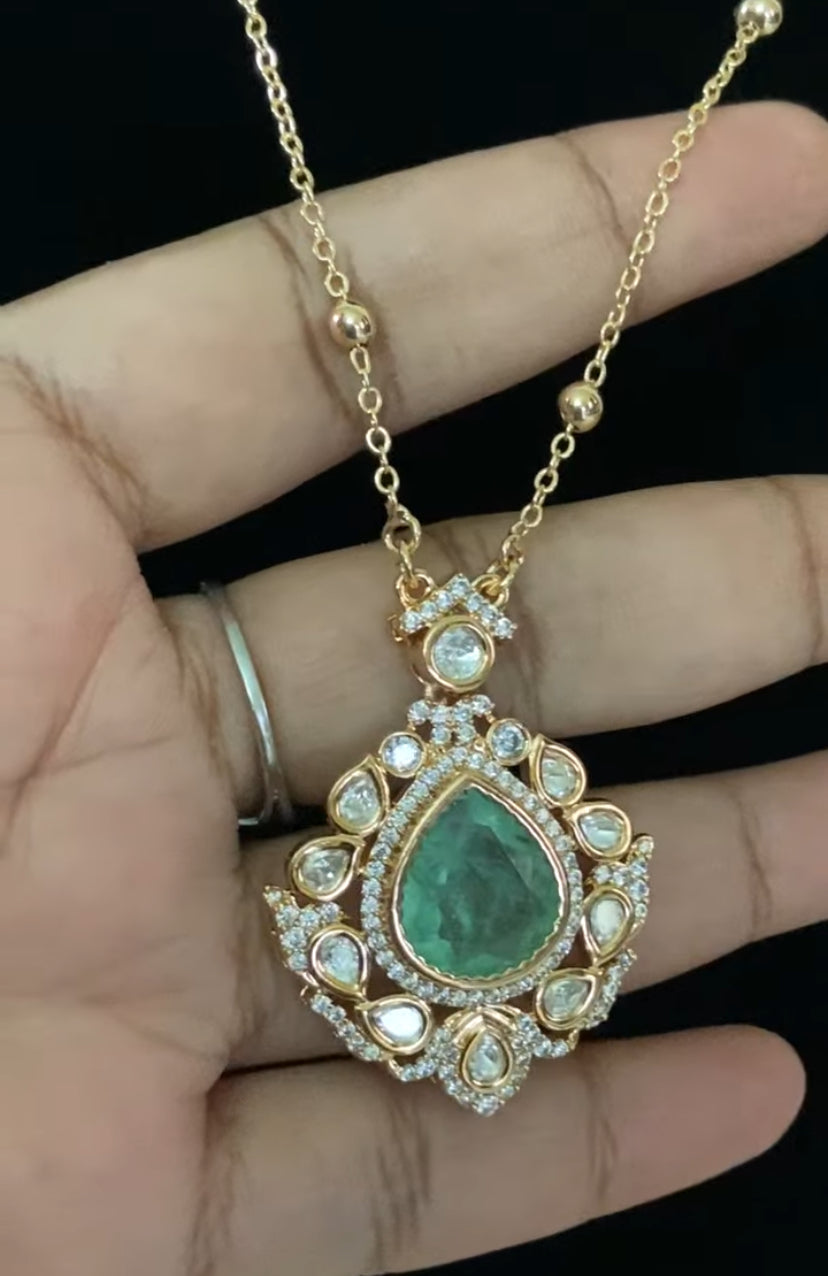 Polki Kundan Pendant  Simple Chain Set | Indian Necklace