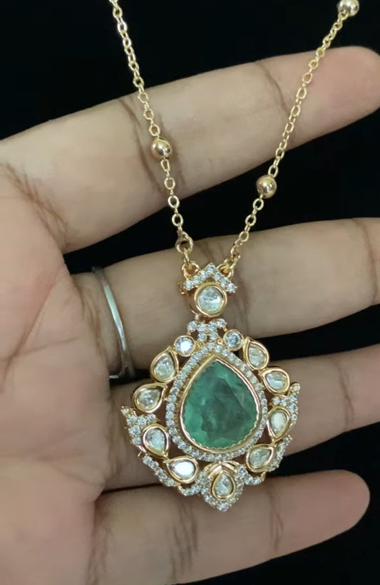 Polki Kundan Pendant  Simple Chain Set | Indian Necklace