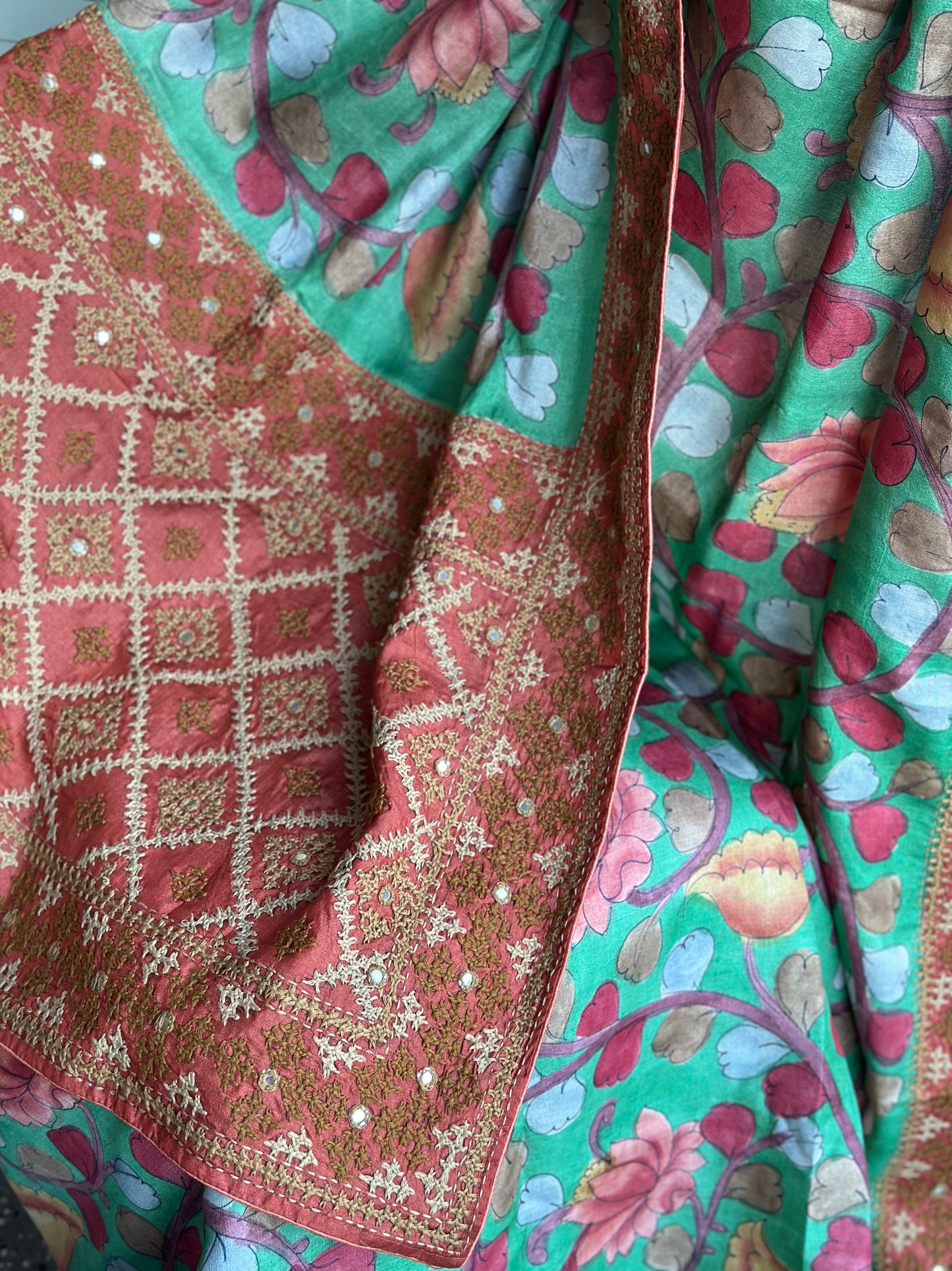 Pure Tussar Kalamkari Kutch Work Hand Embroidery Saree |  Premium Quality Exclusive Saree