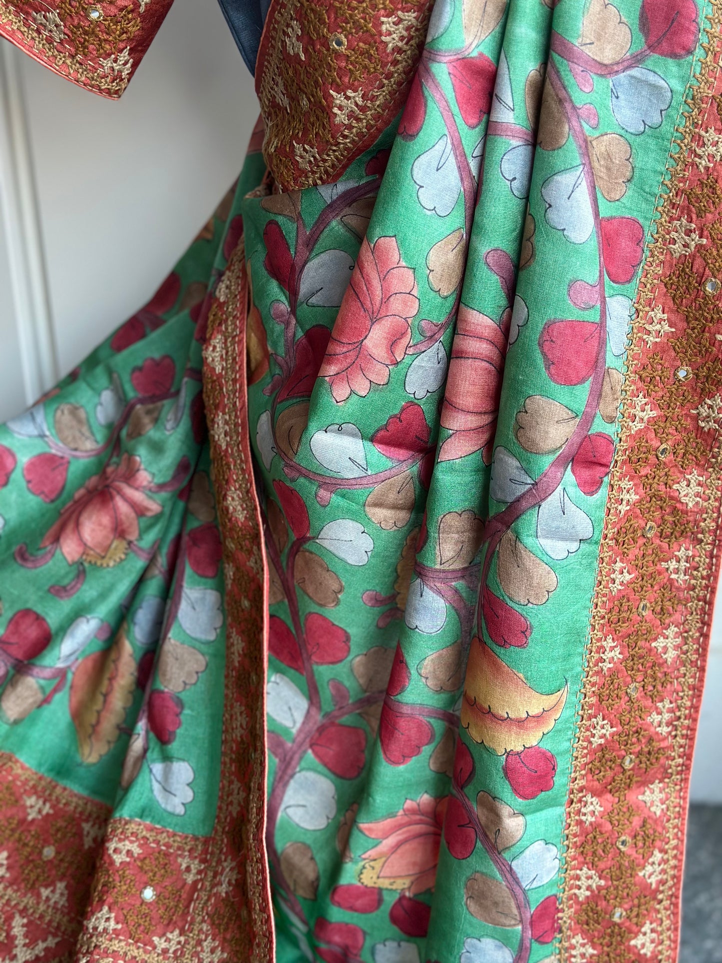 Pure Tussar Kalamkari Kutch Work Hand Embroidery Saree |  Premium Quality Exclusive Saree