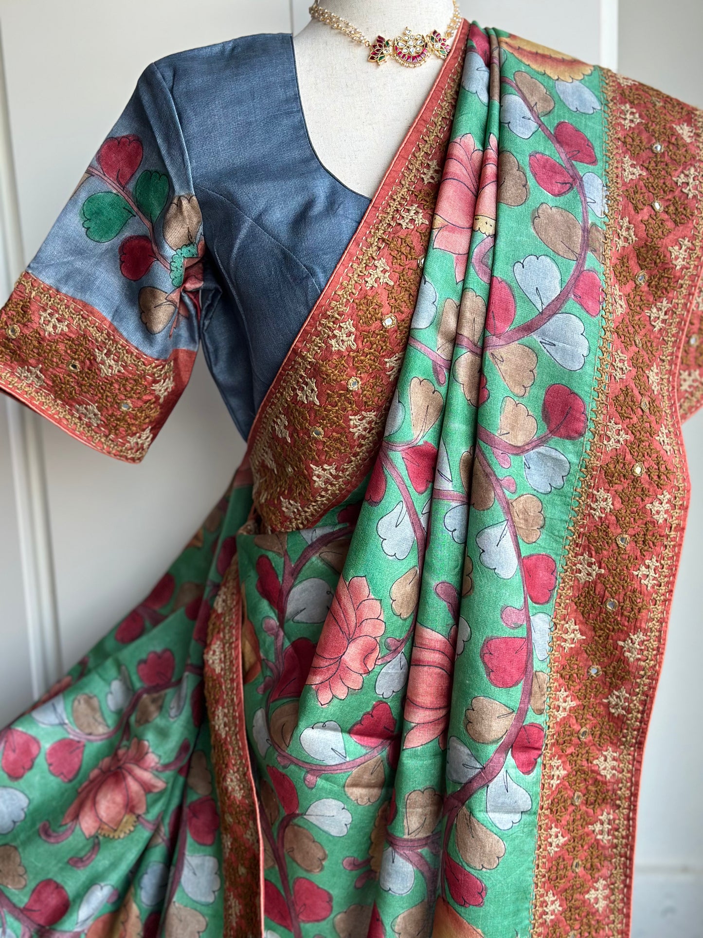 Pure Tussar Kalamkari Kutch Work Hand Embroidery Saree |  Premium Quality Exclusive Saree