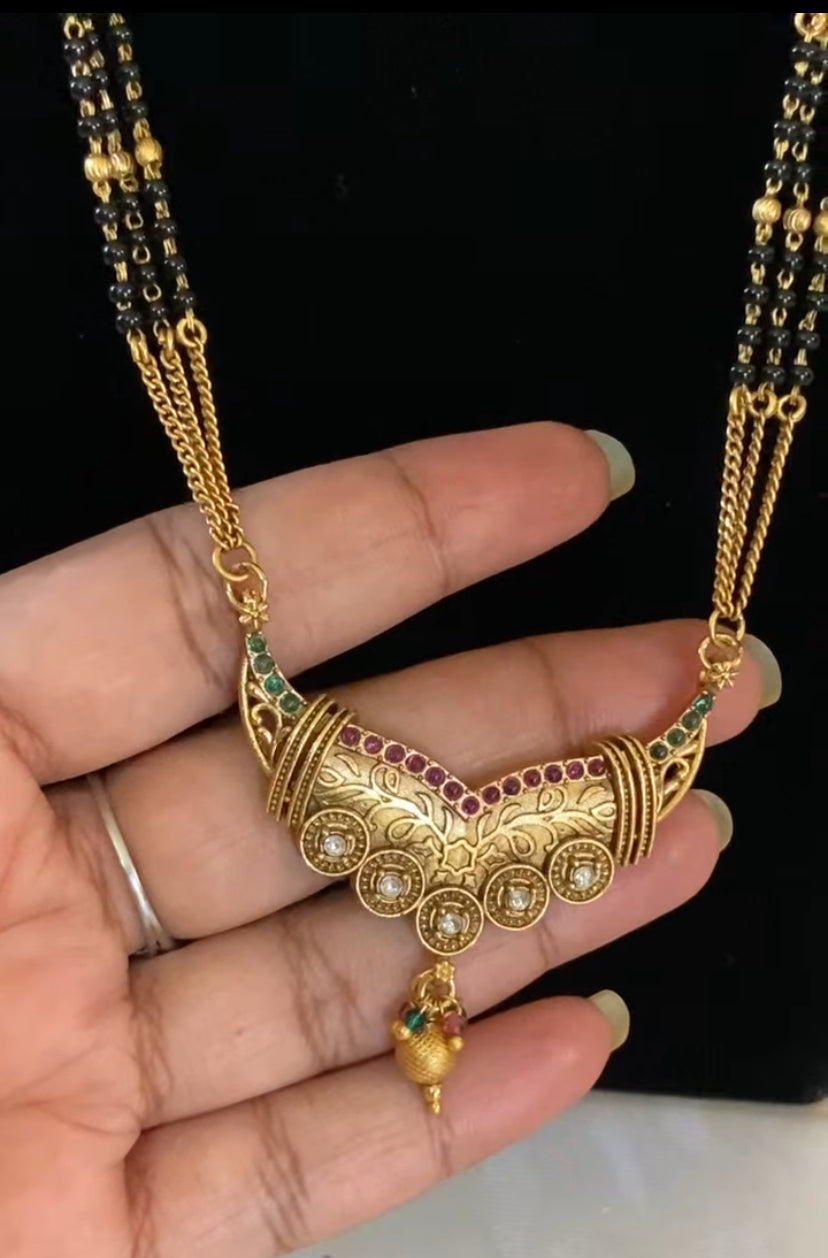 Long Antique Mangalasutra With Earrings | Traditional Black Bead Necklace