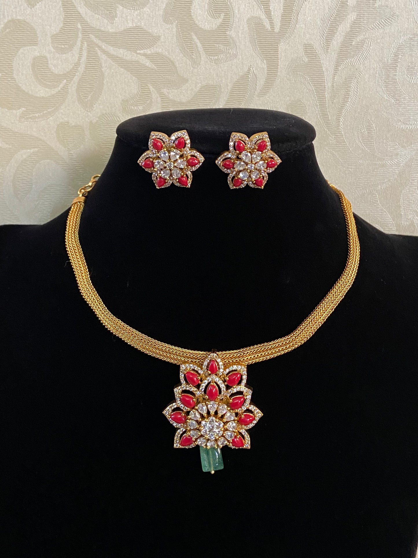 AD Coral Pendant Necklace With Earrings |  Latest jewelry