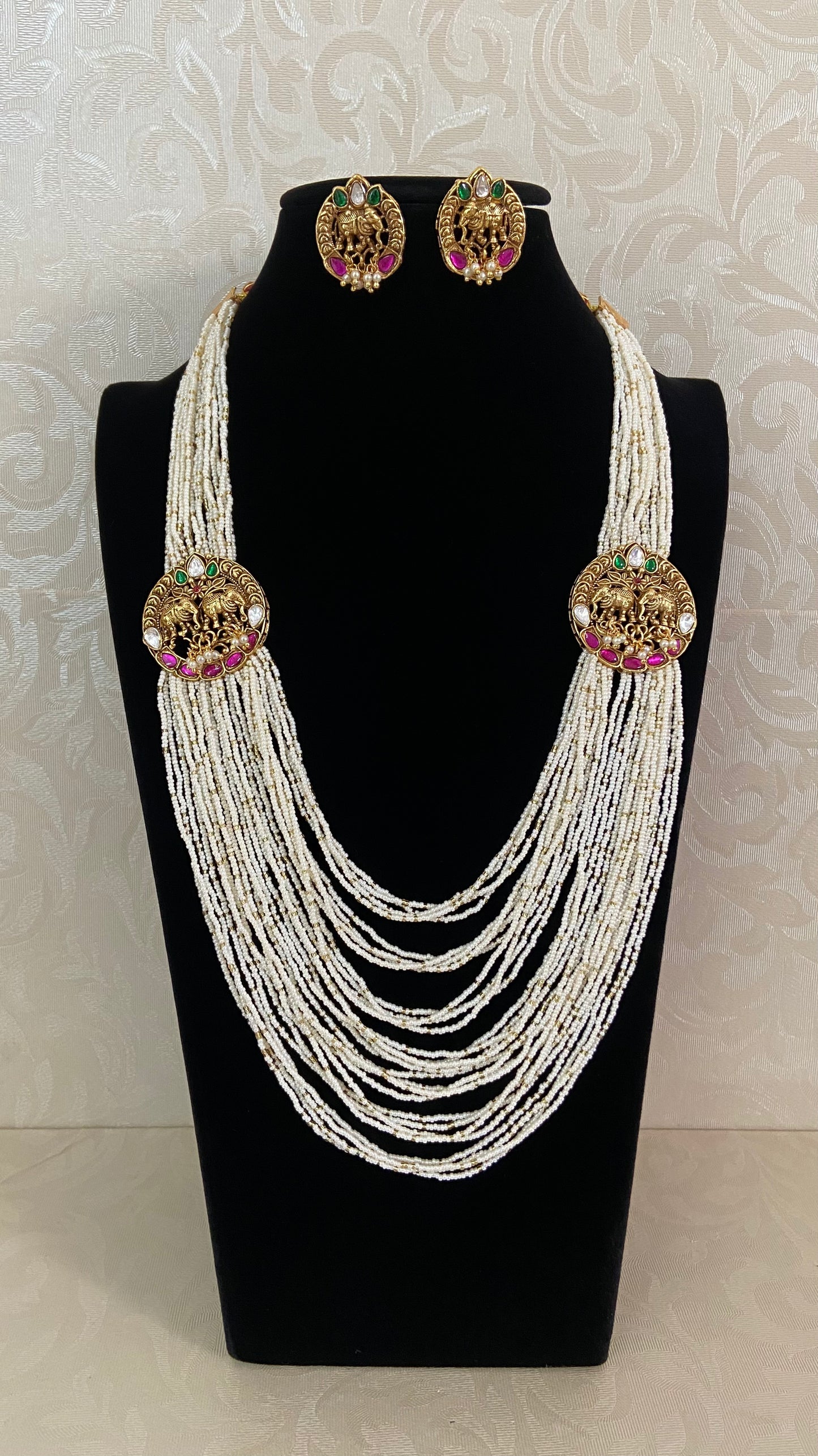 Antique Jadau Side Pendants Pearl Necklace With Studs | Multi-Layer Pearl Necklace | Indian Jewelry In USA