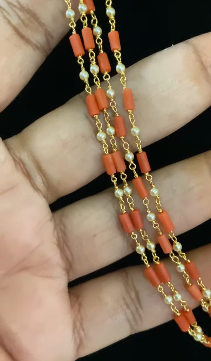 Antique Coral Pearl 4 line Mala Set | South indian Traditional Jewelry