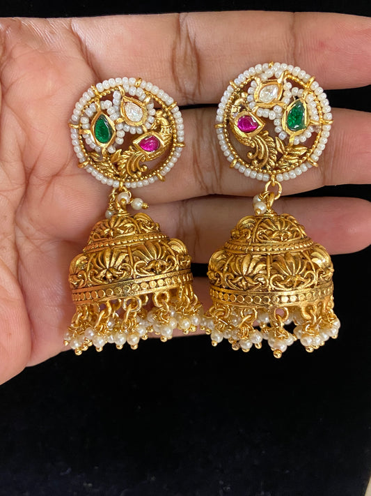 Pearl & Kundan Stud Jumki Earrings |  Indian Jumkis