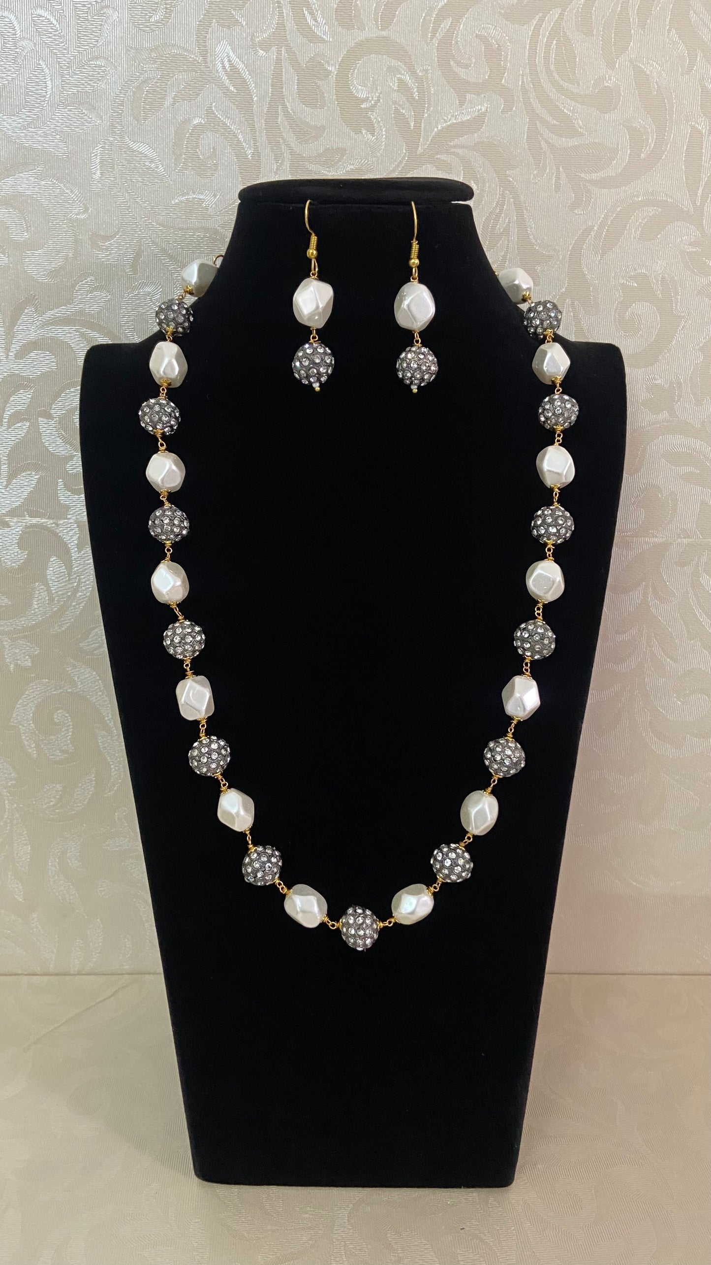 Baroque Pearl & CZ Ball Long Necklace Set | Designer Statement Necklace with Earrings | Indian Jewelry In USA