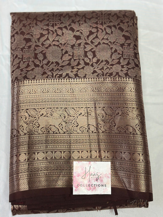 Pure Chocolate Brown Kanjivaram Silk Saree | Silk mark certified saree | Indian Sarees in USA
