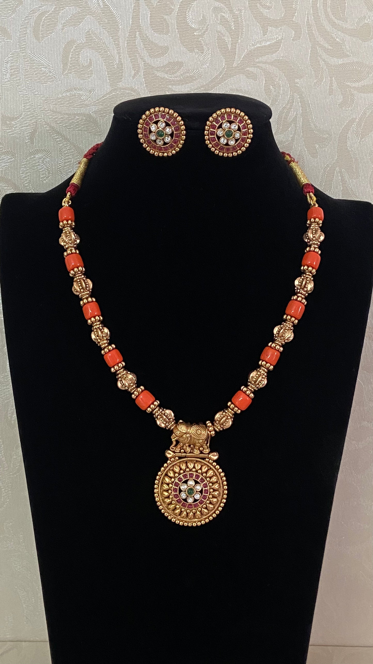 Coral Nakshi Beads Necklace With Studs | Traditional Jewelry In USA