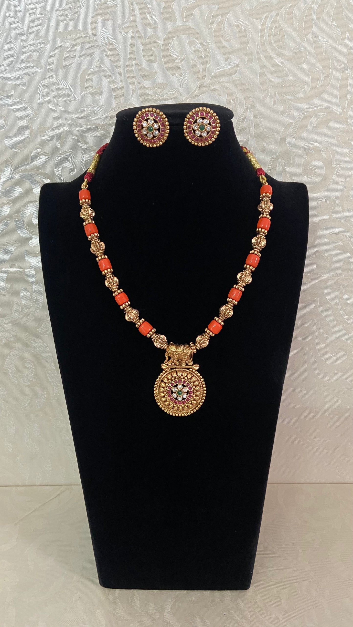 Coral Nakshi Beads Necklace With Studs | Traditional Jewelry In USA
