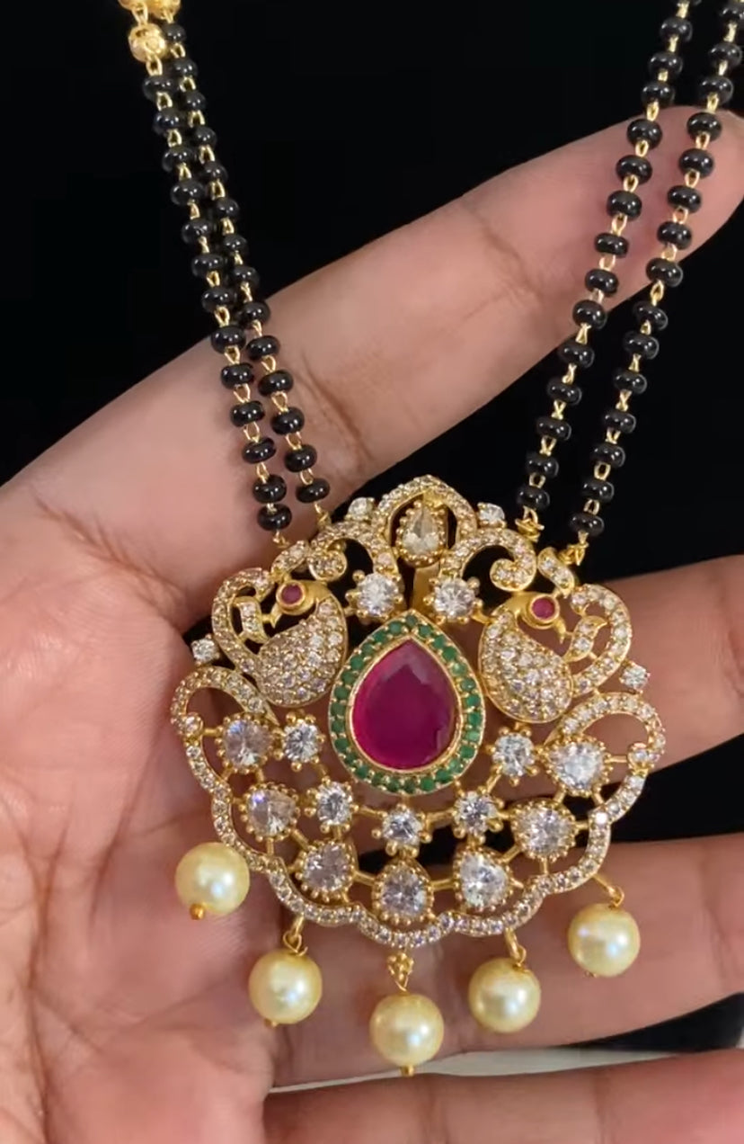 CZ Pendant long Black Beads Necklace With Earrings | Traditional Mangalasutra
