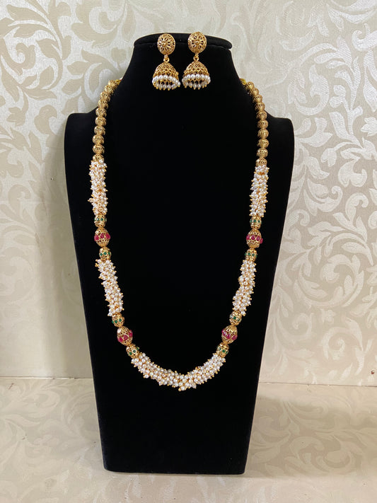 Clustered Pearl Mala With Jumkis | Traditional Preal Necklace