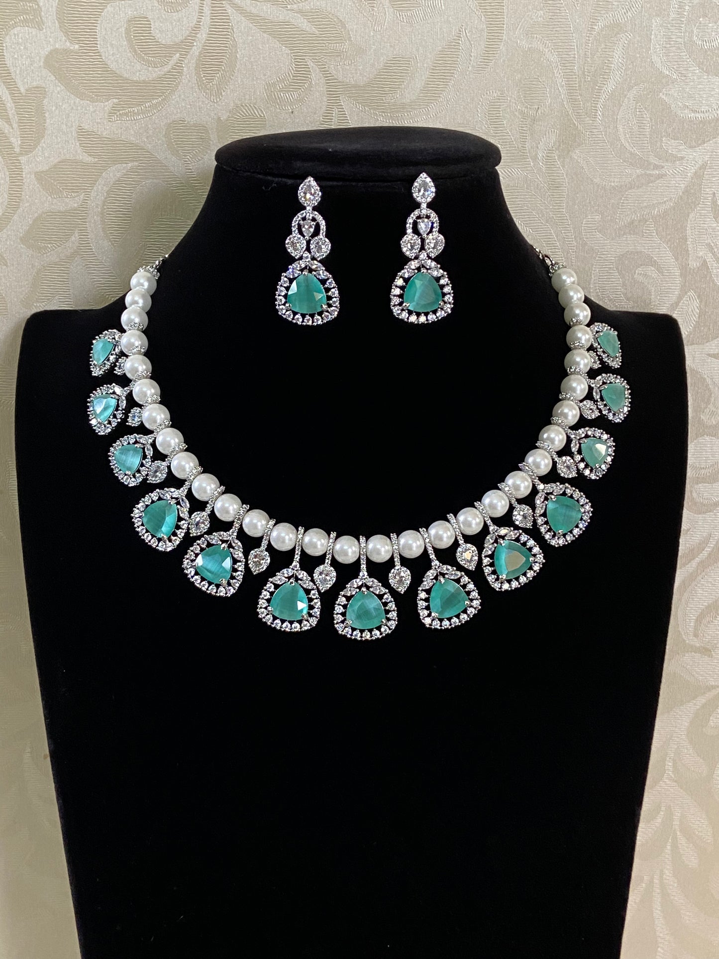 AD Kundan & Pearl Necklace | Unique Necklace Set  | Silver Plated AD Necklace