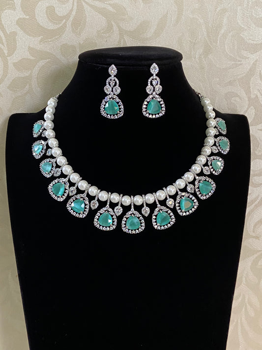 AD Kundan & Pearl Necklace | Unique Necklace Set  | Silver Plated AD Necklace