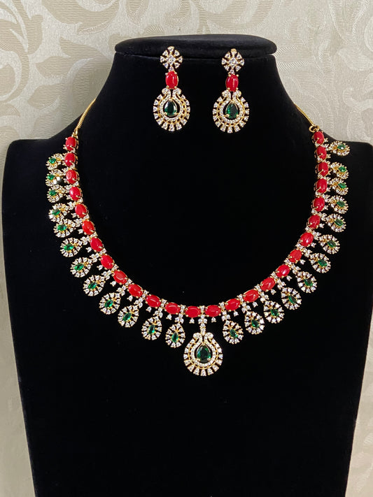 CZ Coral Green Stone Necklace | Indian Necklace
