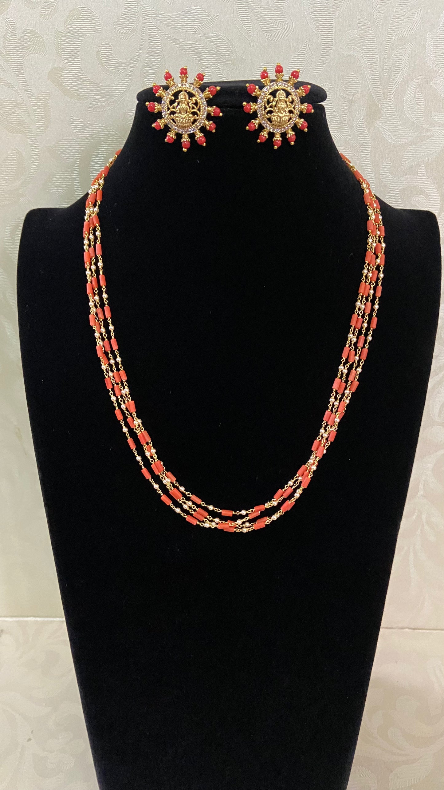 Antique Coral Pearl 4 line Mala Set | South indian Traditional Jewelry