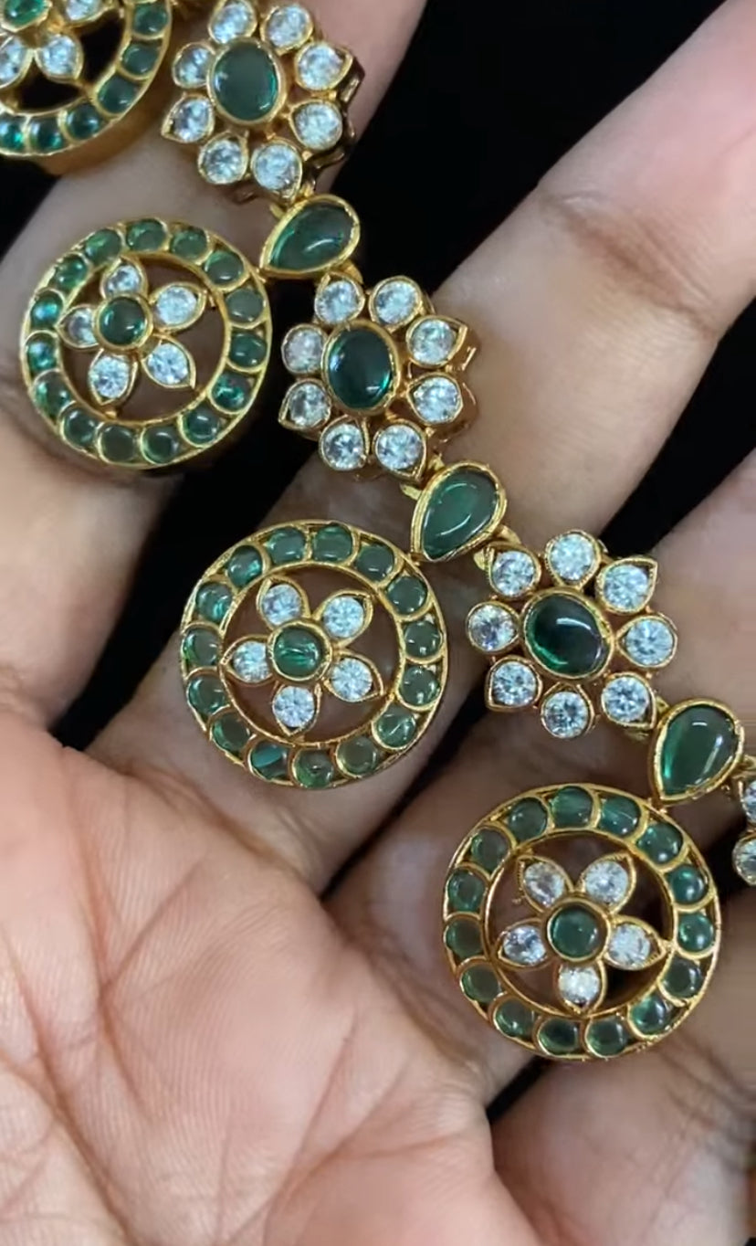 CZ Kemp Antique Necklace With Earrings | Indian Traditional Bottu Necklace