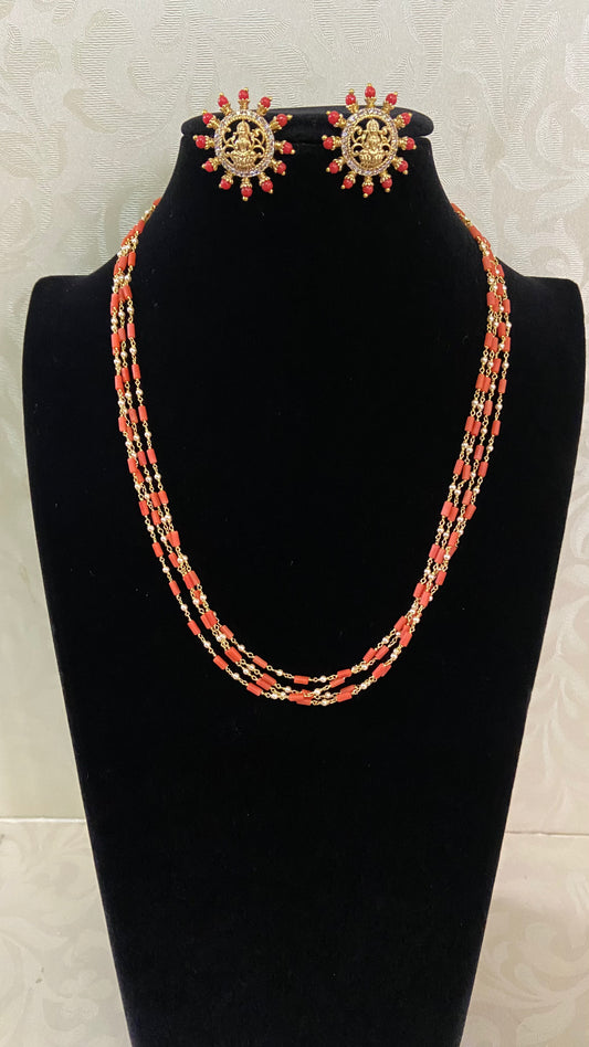 Antique Coral Pearl 4 line Mala Set | South indian Traditional Jewelry