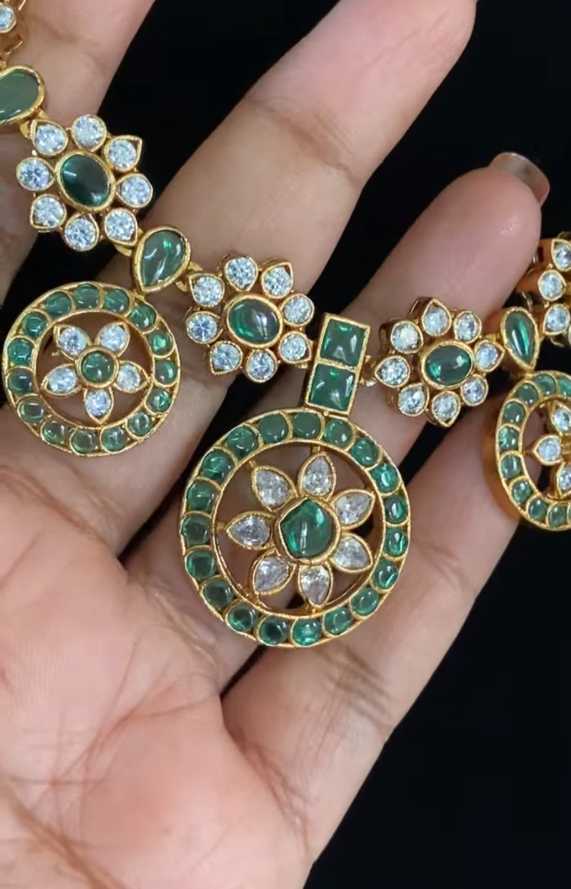 CZ Kemp Antique Necklace With Earrings | Indian Traditional Bottu Necklace